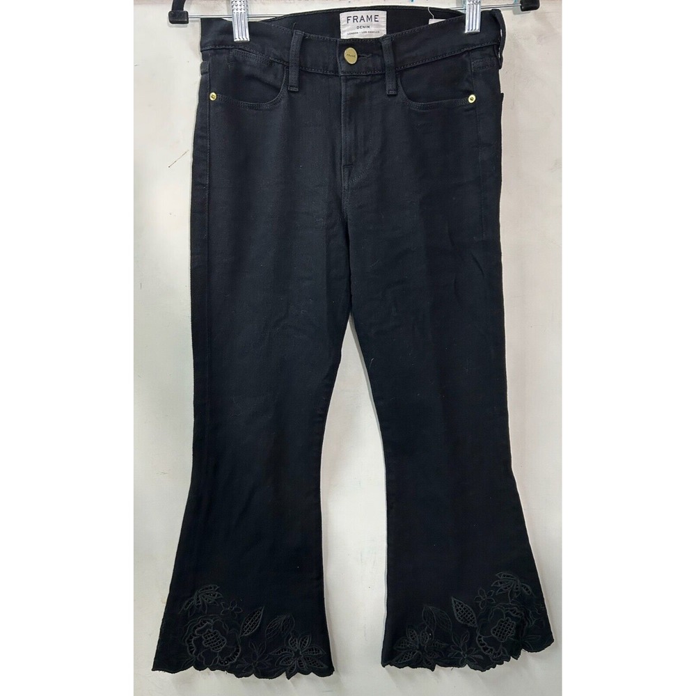 Frame Jeans Womens 25 Black Le High Flare Stretch Dark Wash USA Boho Lace Floral